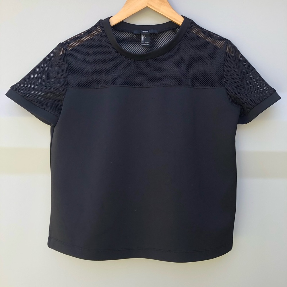 FOREVER 21 black scuba knit and mesh top S